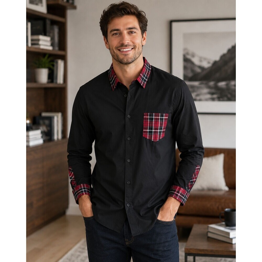 7 Diamonds Mens Black Sterling Long Sleeve Button Down Shirt Size L Pocket Plaid